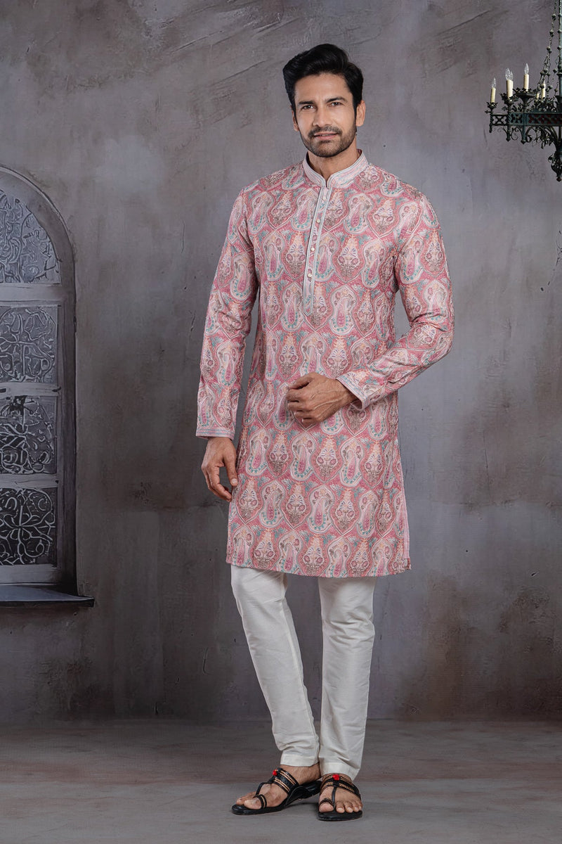Pink color kurta set with kashidakari thread embroidery work . raaya.in