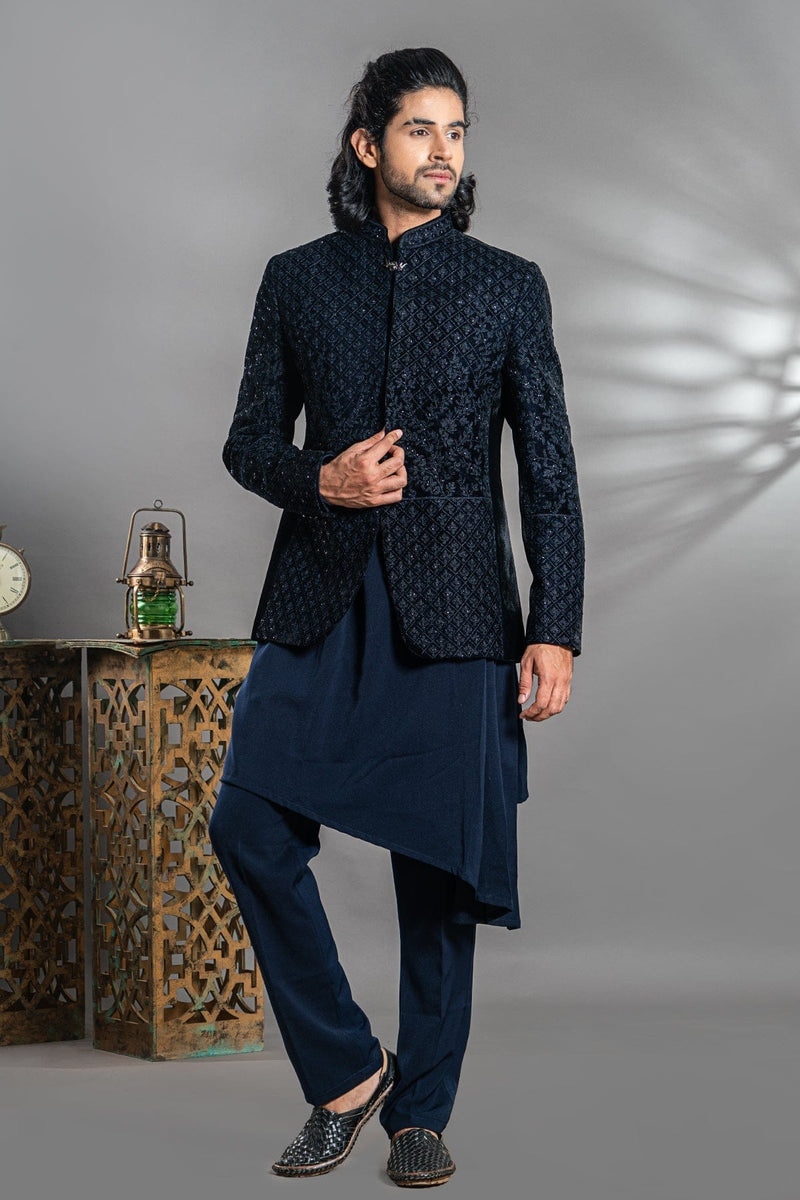 Navy blue embroidery jodhpuri with pleated kurta raaya.in