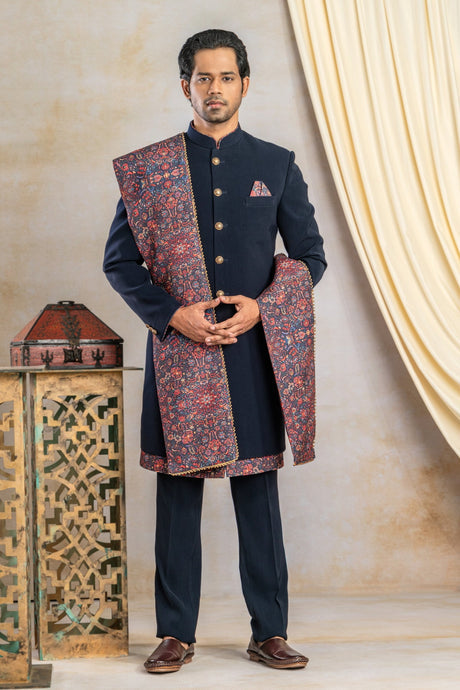 Perfect Indo-Western dress for men with stole enhancing the look for any occasions and functions for men's ethnic wear in Indian Traditionals.