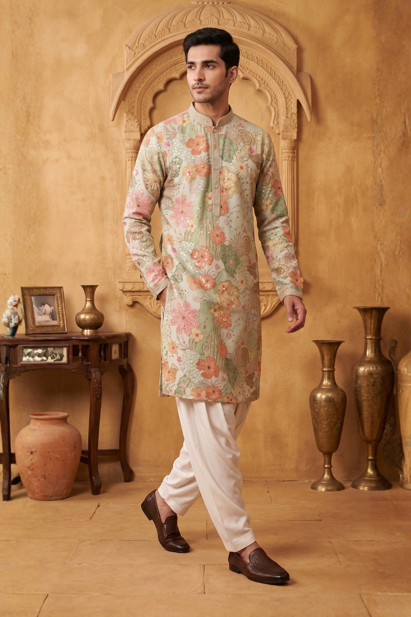 Grey colour kurta top with allover embroidery
