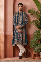 Peacock blue colour kurta top and dupatta with allover thread work and pant