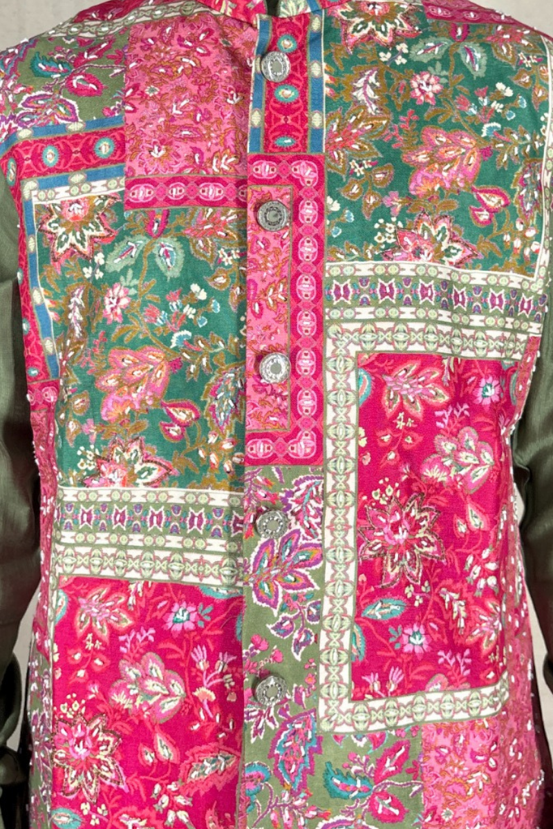 Plain green colour kurta set with mirror work and embroidered jacket