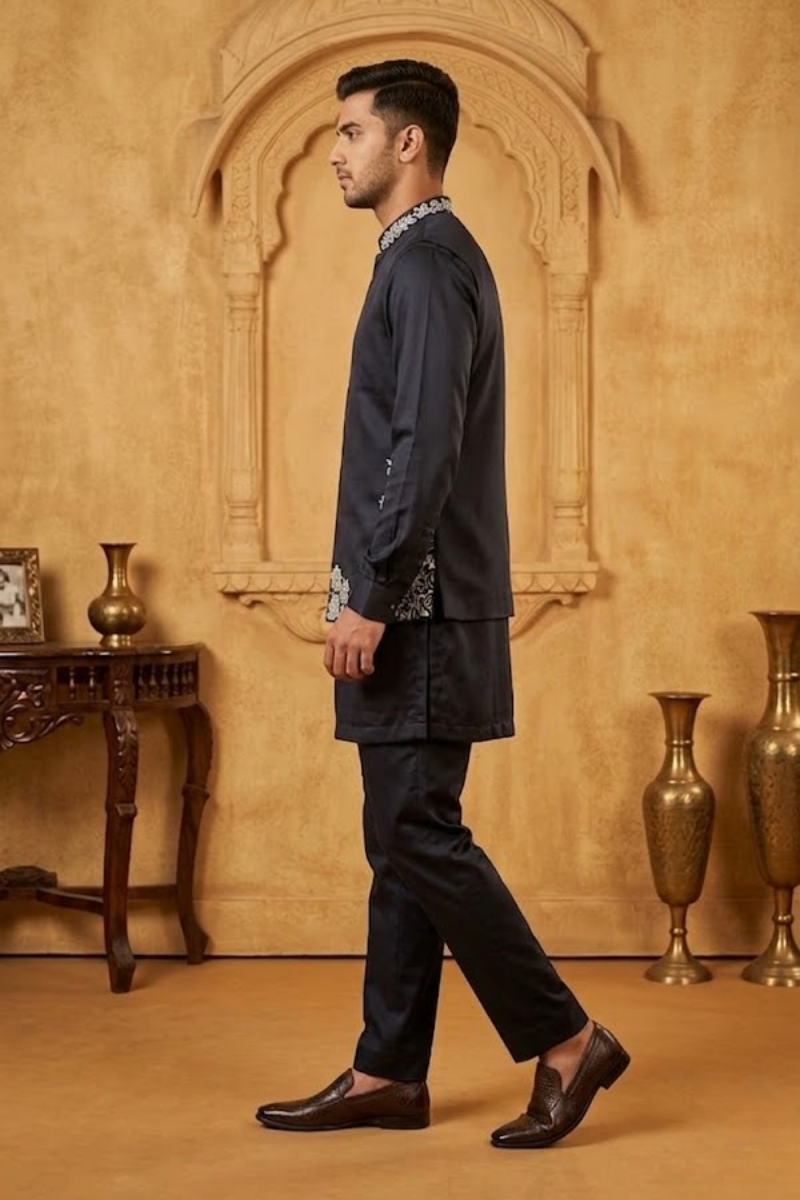 Blue kurta set with detailed white  embroidery of floral patterns and an elephant in bundi