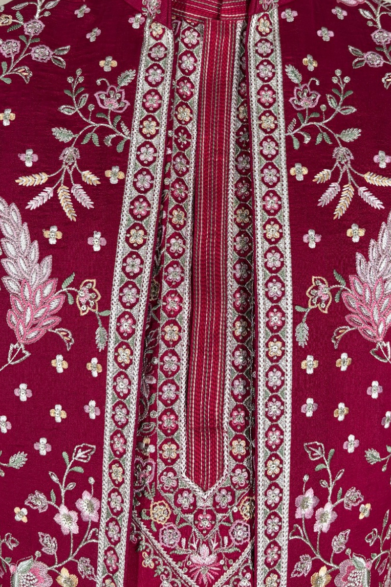Rani colour kurta set with floral thread embroidery work bundi