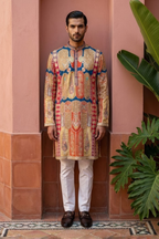 Blue and beige madhubani print kurta set with intricate floral embroidery