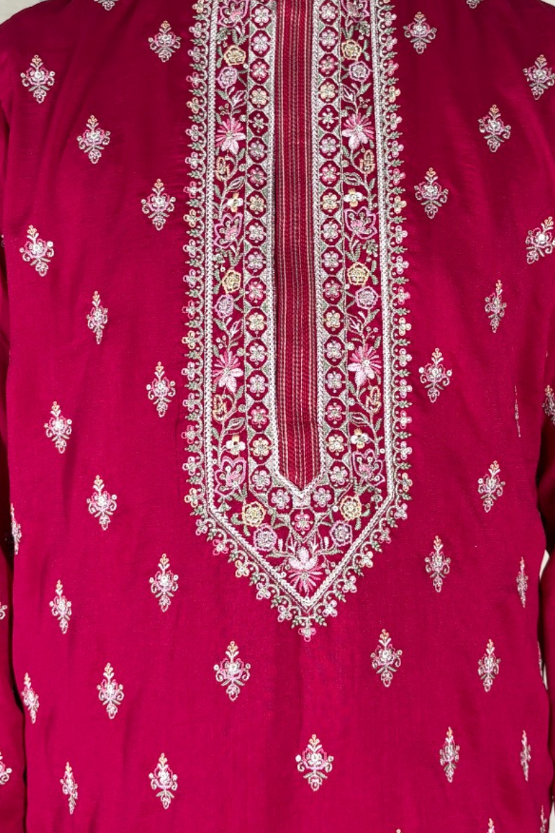 Rani colour kurta set with floral thread embroidery work bundi