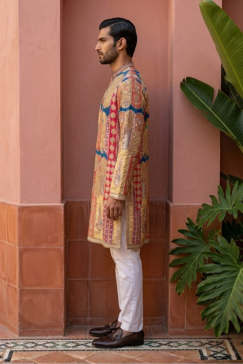 Blue and beige madhubani print kurta set with intricate floral embroidery