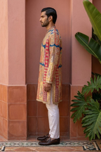 Blue and beige madhubani print kurta set with intricate floral embroidery