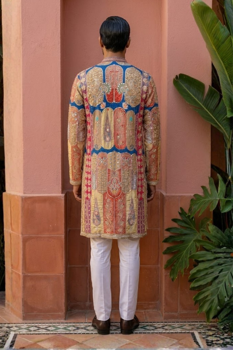 Blue and beige madhubani print kurta set with intricate floral embroidery
