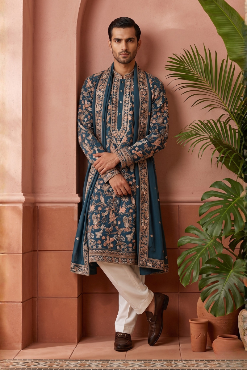 Peacock blue colour kurta top and dupatta with allover thread work