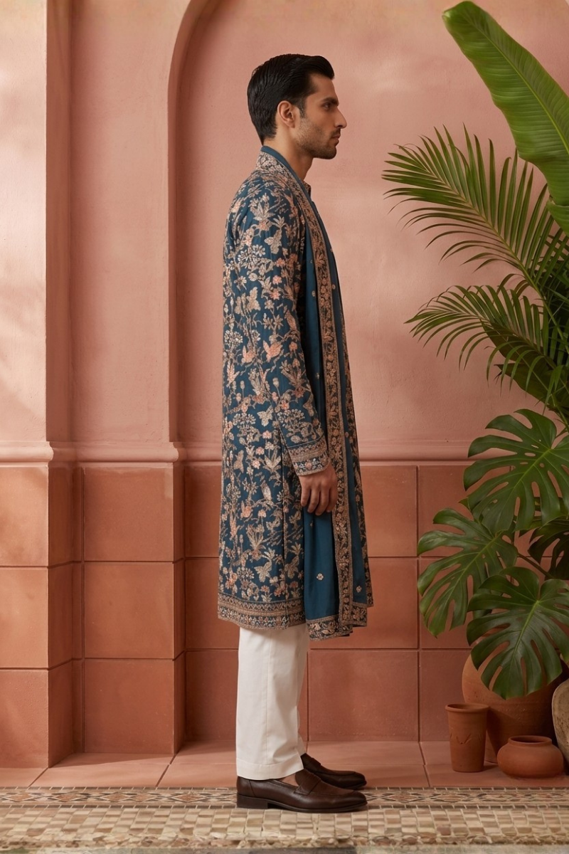 Peacock blue colour kurta top and dupatta with allover thread work