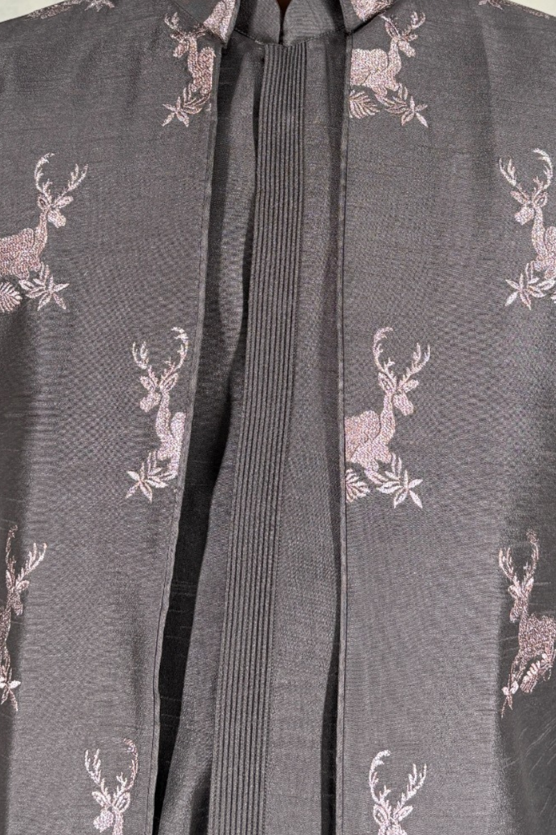 Grey colour plain kurta set with printed bundi