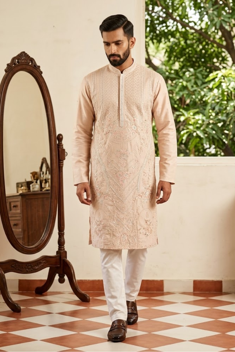 Onion colour kurta set  with embroidery