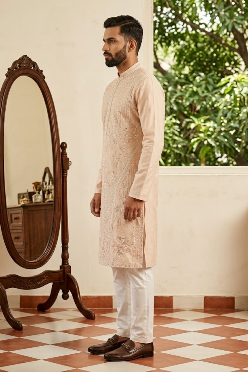 Onion colour kurta set  with embroidery