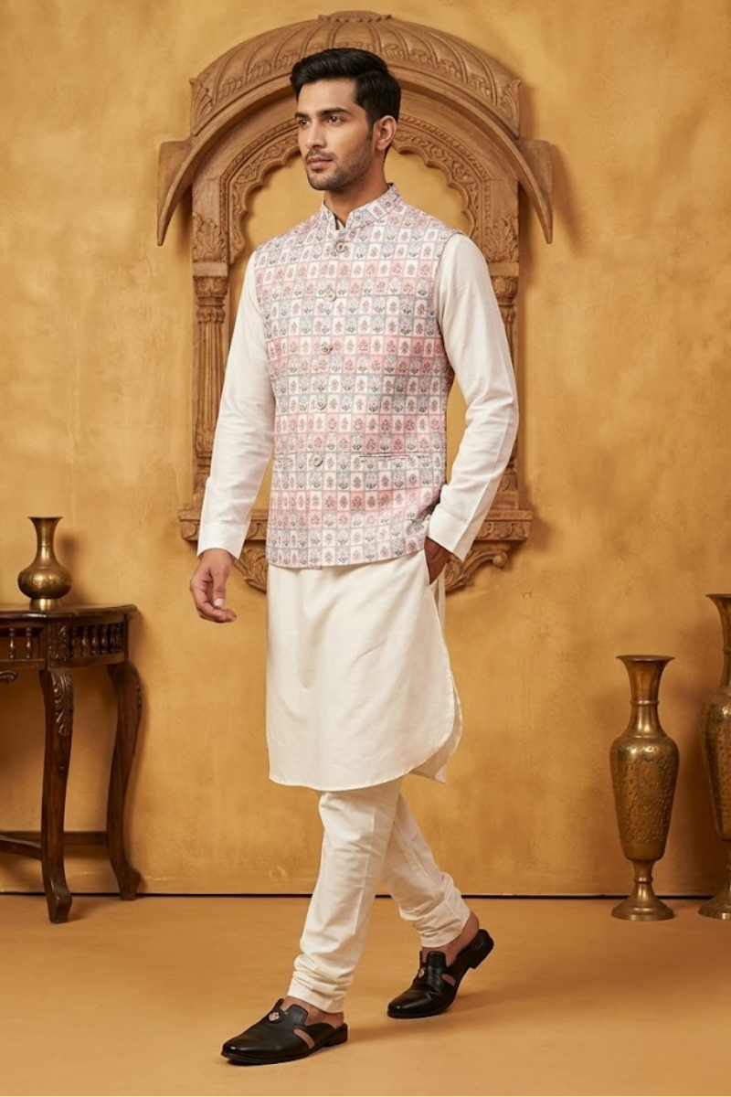 Printed ethnic bundi with a mandarin collar