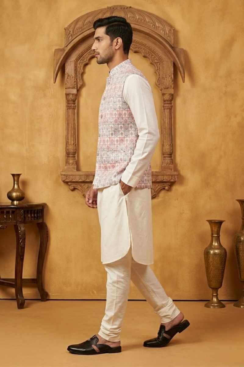 Printed ethnic bundi with a mandarin collar