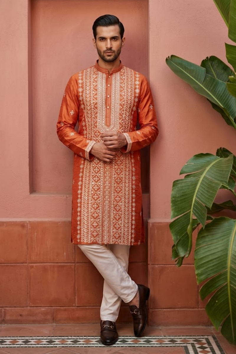 Rust colour kurta set with allover embroidered