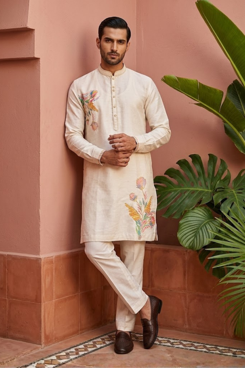 Natural colour kurta set with floral design print