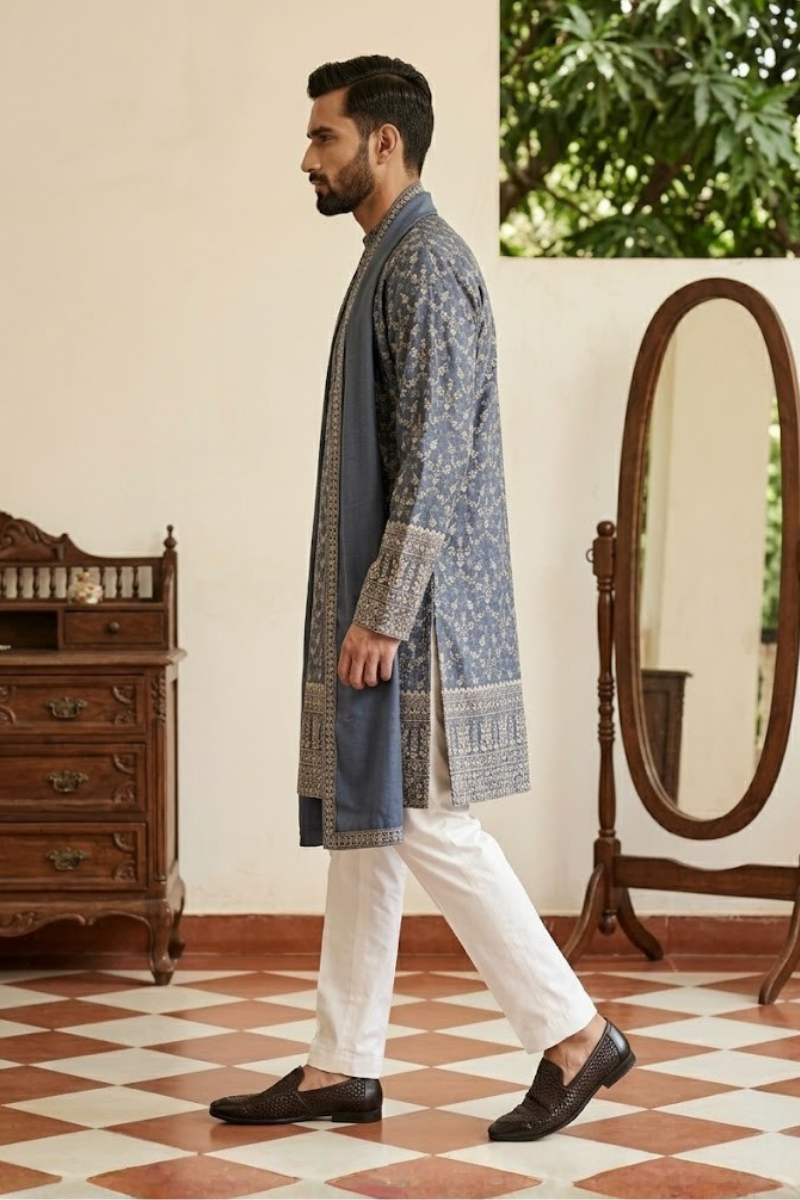 Dark blue kurta set with dupatta and allover work