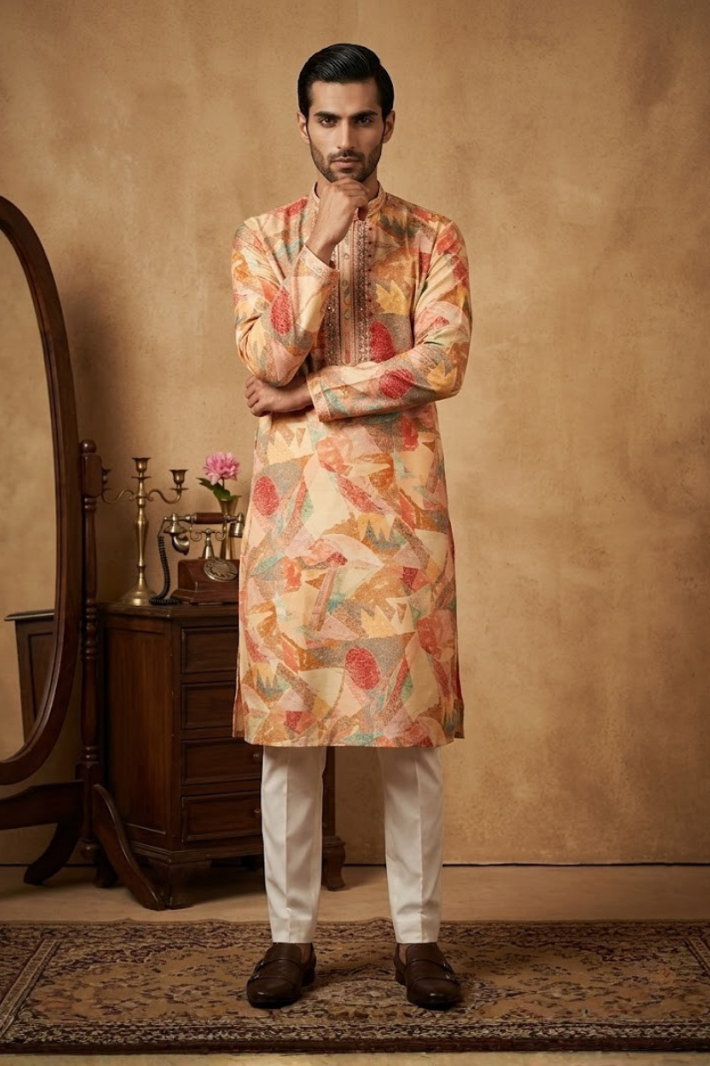 Multi colour printed kurta set with neck embroidered
