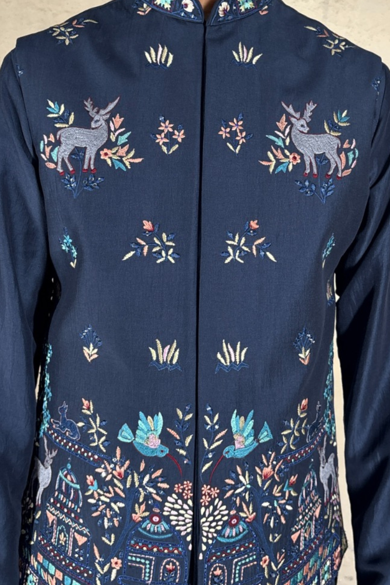 Dark blue kurta set with thread embroidered jacket