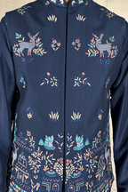 Dark blue kurta set with thread embroidered jacket