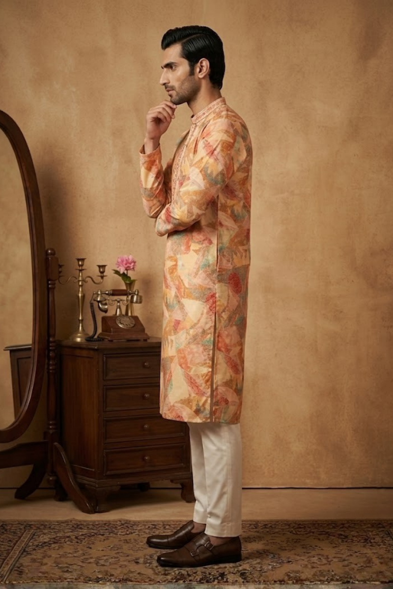 Multi colour printed kurta set with neck embroidered