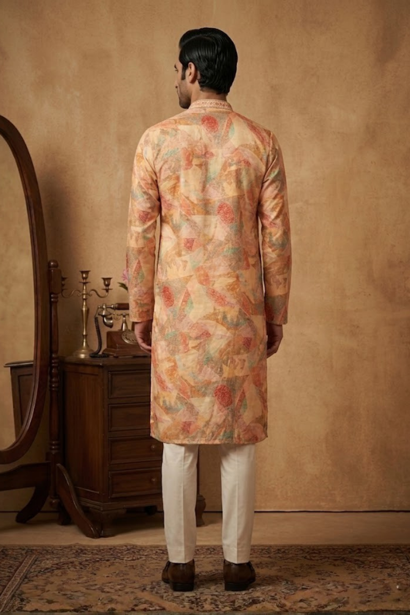Multi colour printed kurta set with neck embroidered