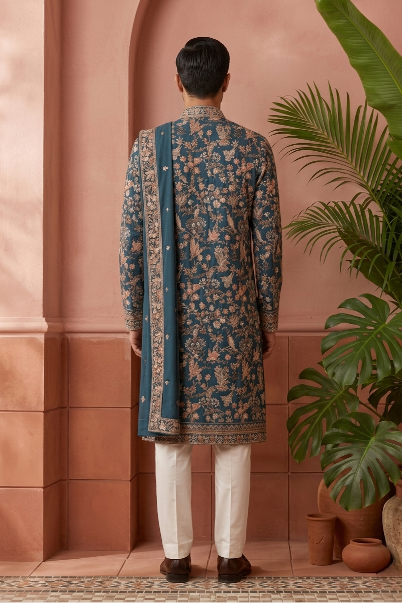 Peacock blue colour kurta top and dupatta with allover thread work