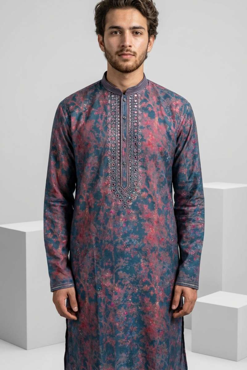 Navy blue kurta with allover print