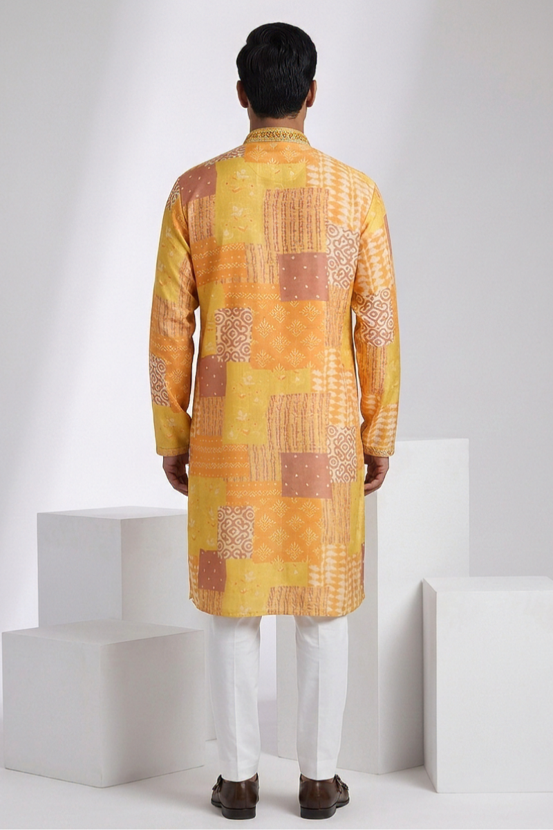 Yellow and brown printed kurta top with embroidered neck