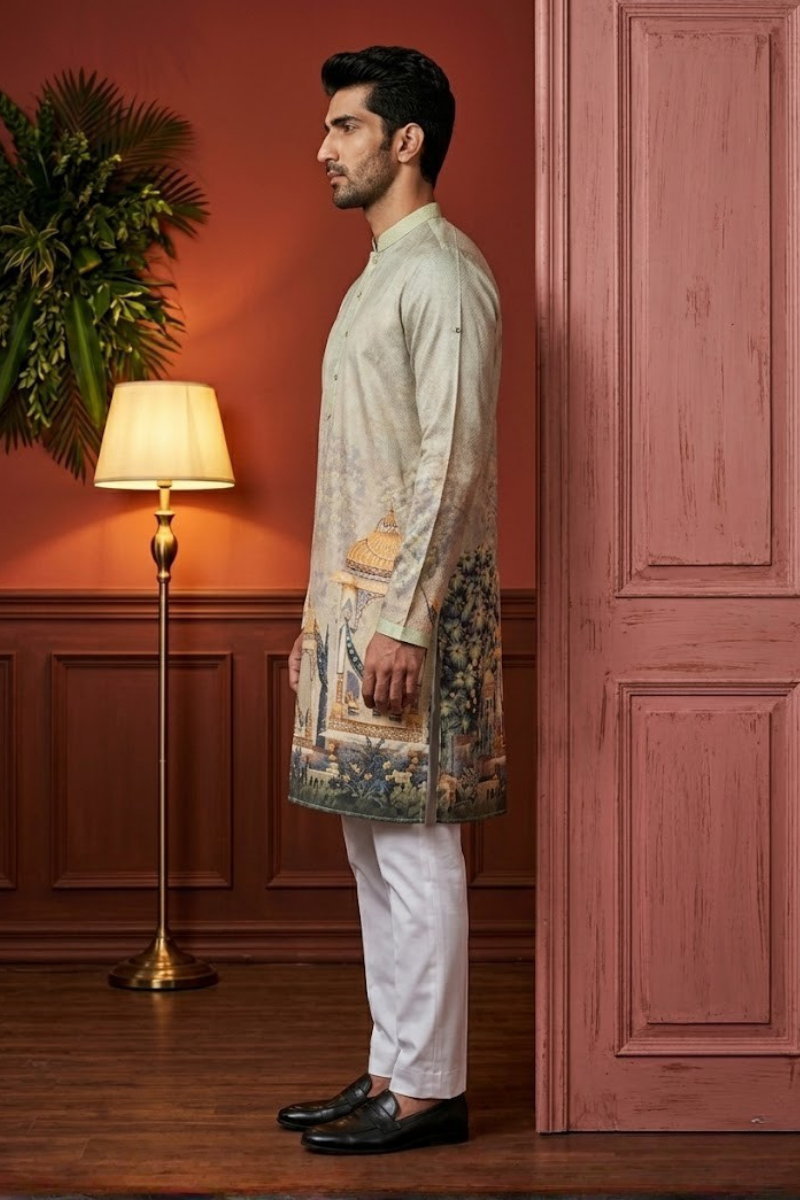 Pista colour kurta set with printed work