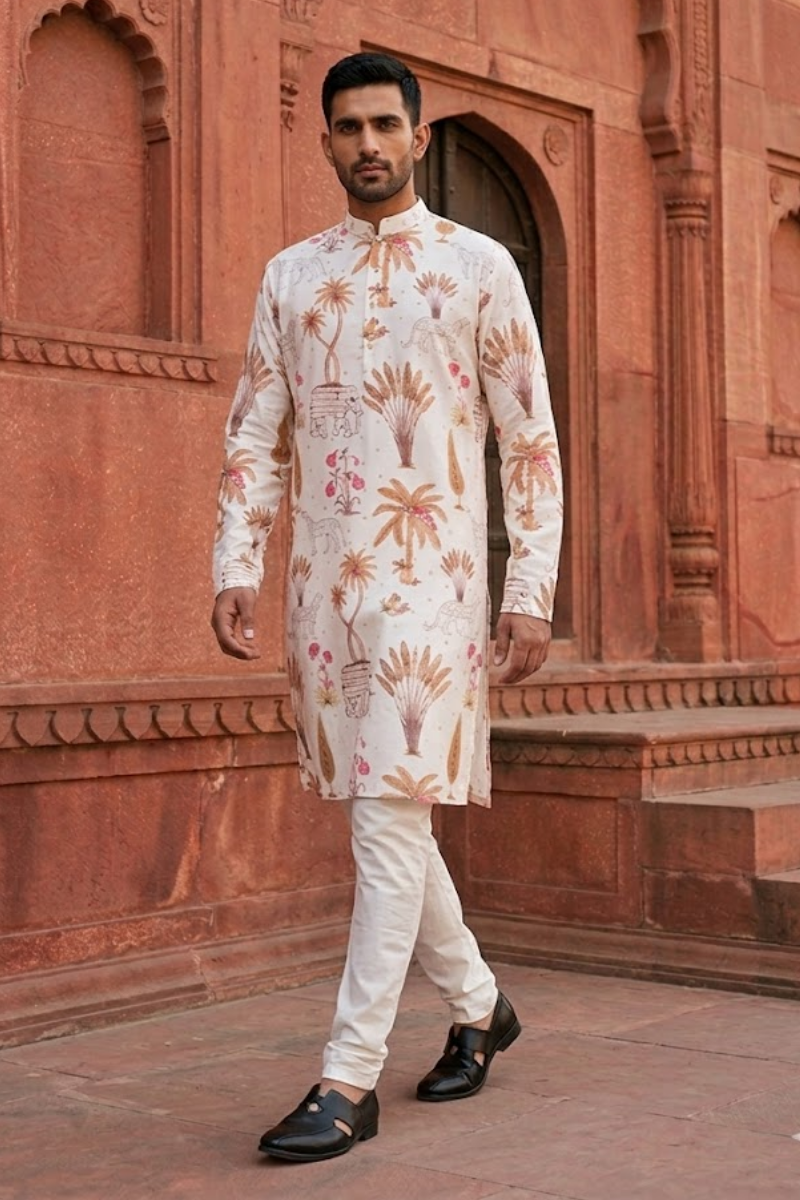 Peach colour printed cotton kurta with a band collar and a jungle-themed print
