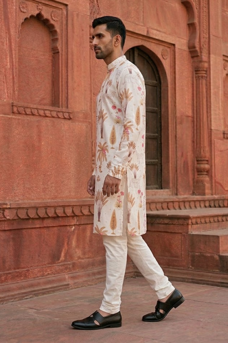 Peach colour printed cotton kurta with a band collar and a jungle-themed print