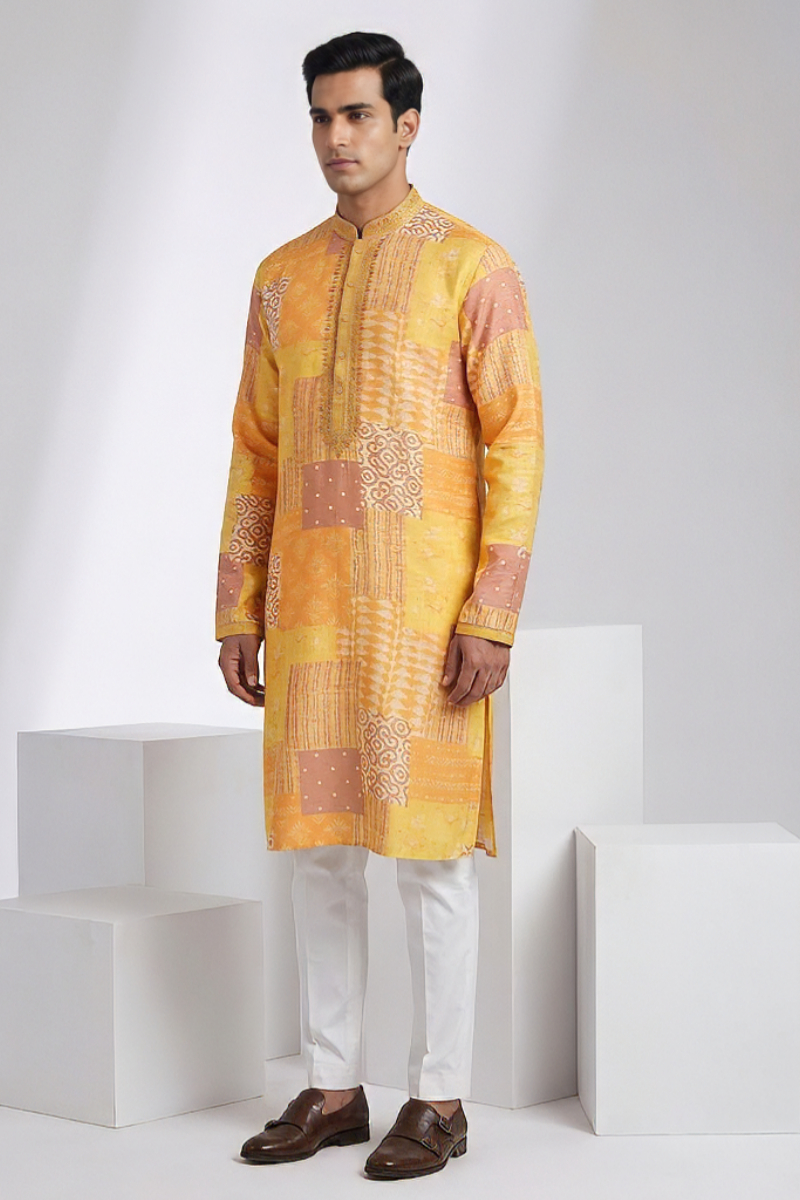 Yellow and brown printed kurta top with embroidered neck