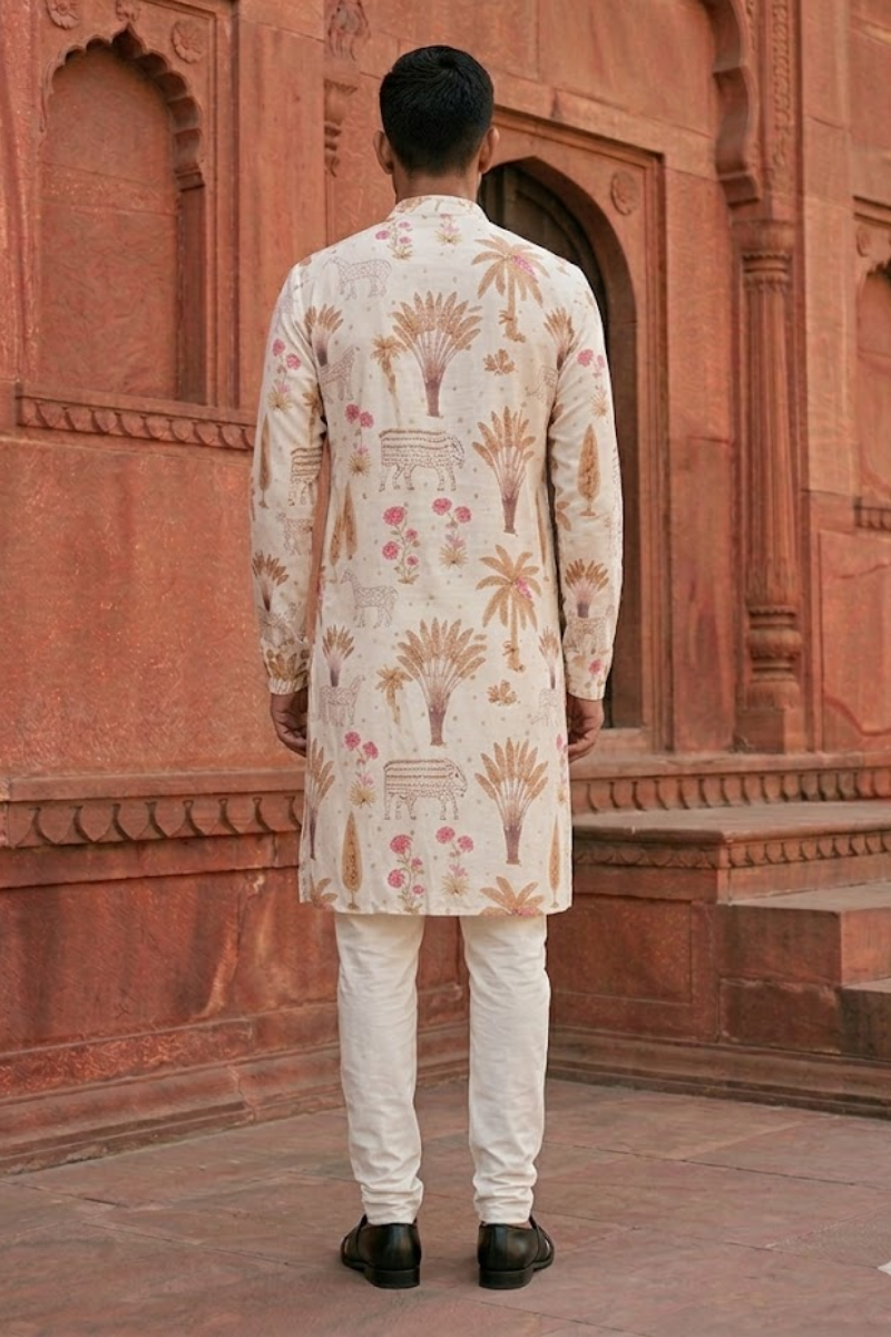 Peach colour printed cotton kurta with a band collar and a jungle-themed print