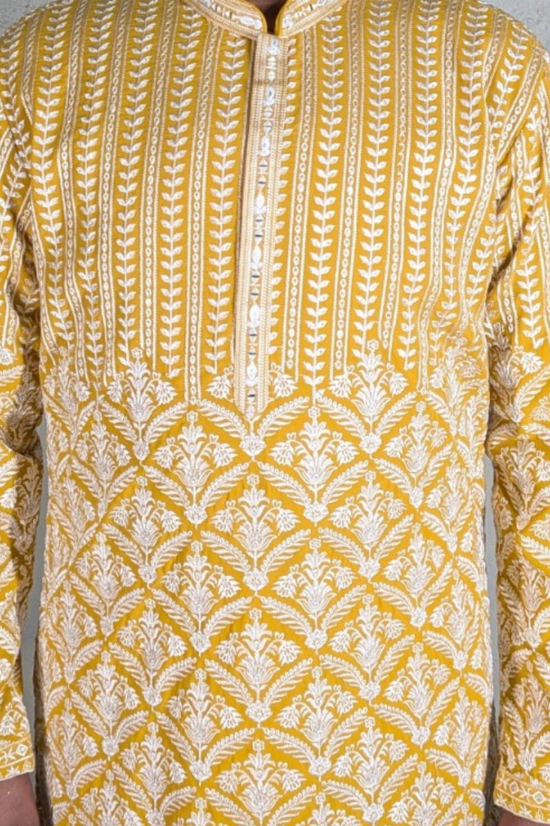 Yellow colour mirror work and embroidered kurta set