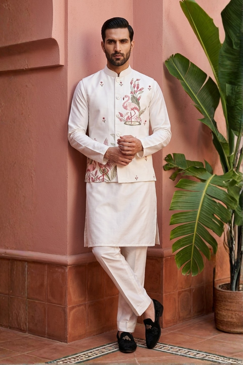 White kurta set with minimal embroidered bundi