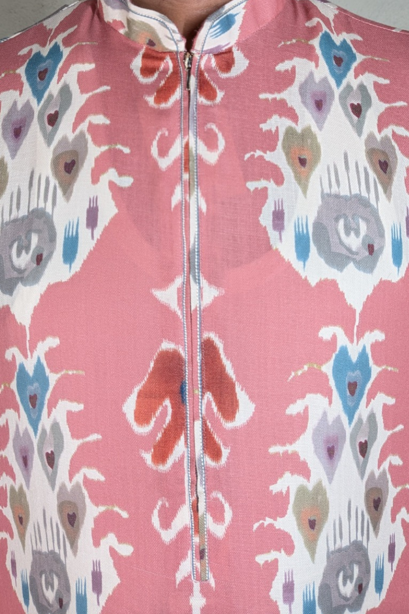 Pink printed cotton blend kurta top with a half zipper