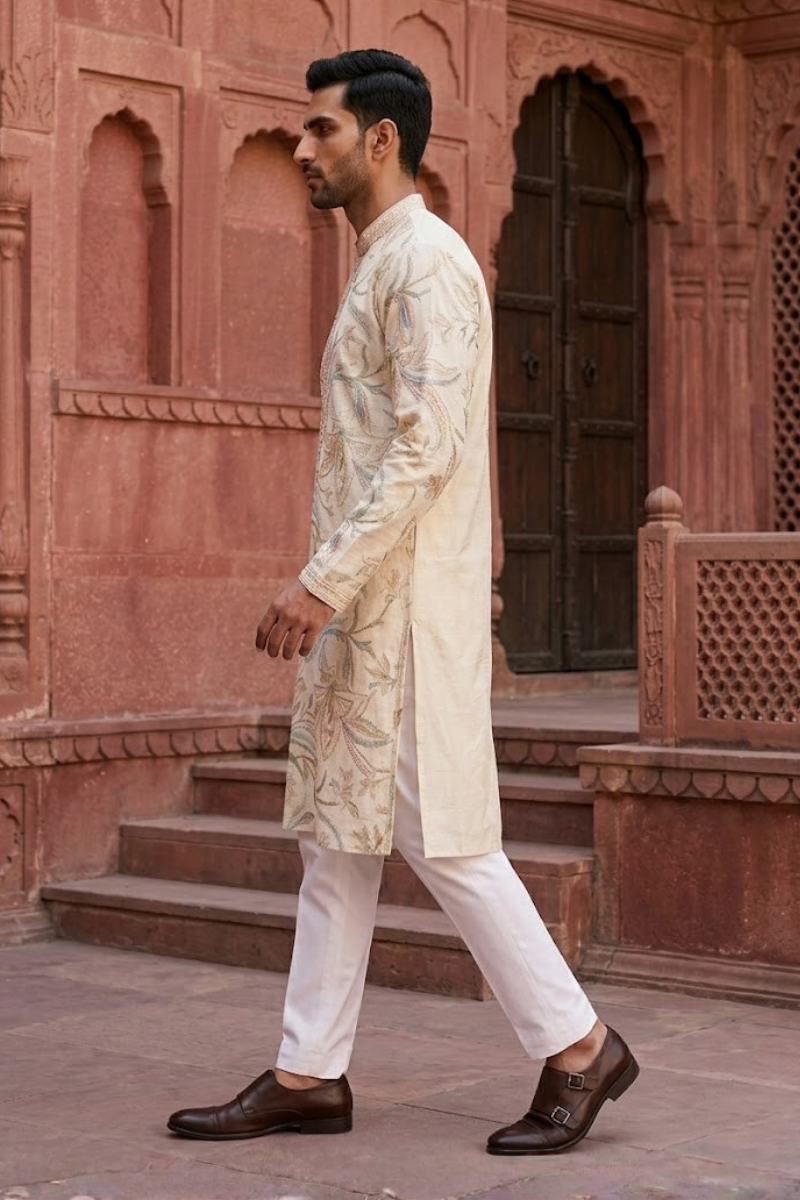 Pista colour kurta set with minimal mirror and thread work neck and printed floral design