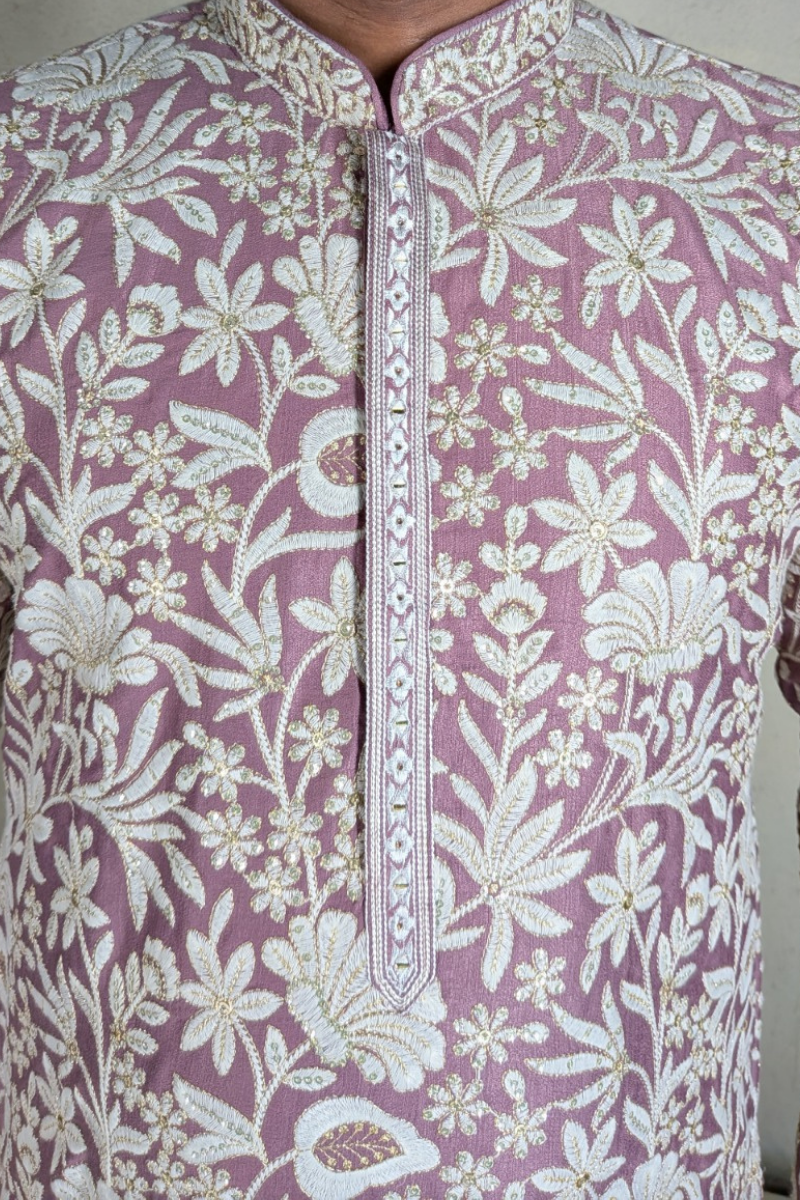 Wine colour kurta set with thread work and minimal zari embroidery