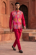 Plain red kurta set with mirror work and embroidered jacket
