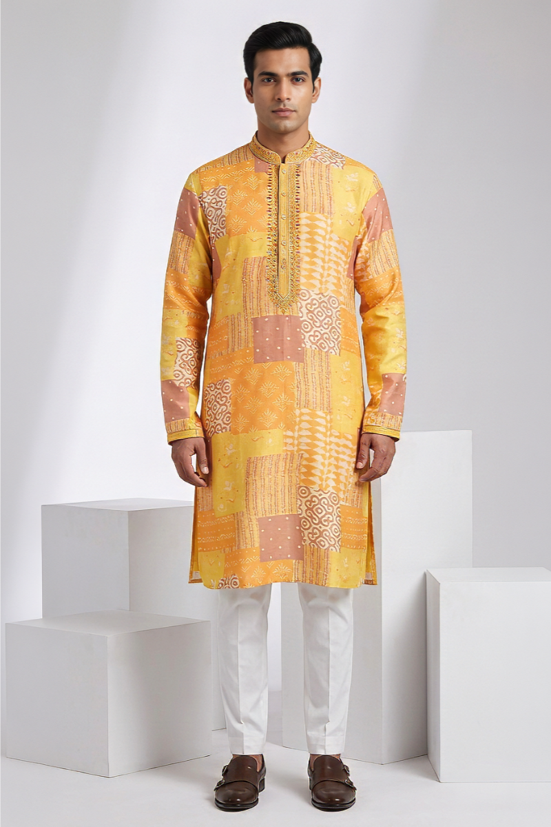 Yellow and brown printed kurta top with embroidered neck