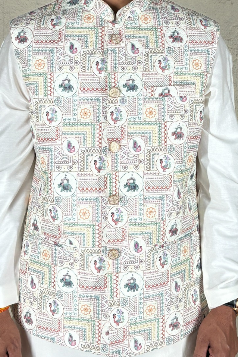 Printed ethnic bundi with mandarin collar bundi