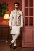 White kurta set with thread embroidered jacket