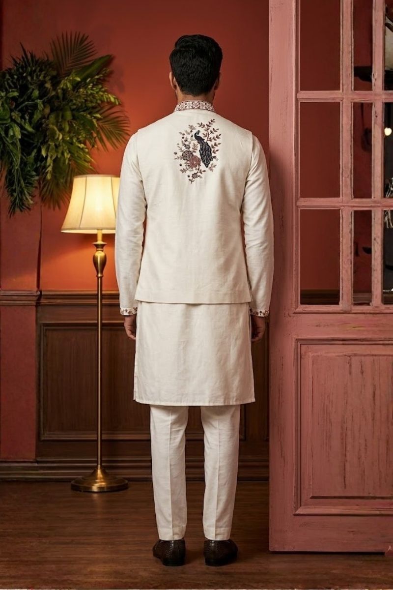 White kurta set with thread embroidered jacket
