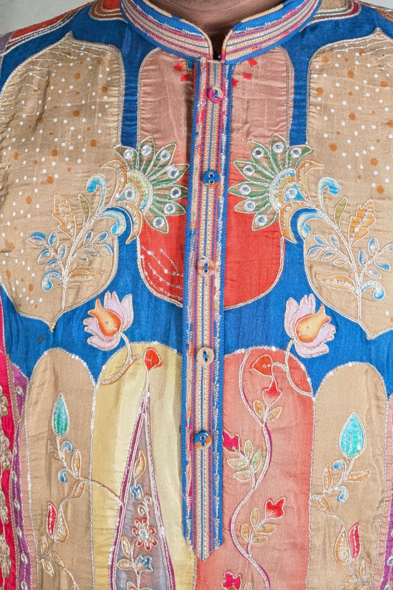 Blue and beige madhubani print kurta set with intricate floral embroidery