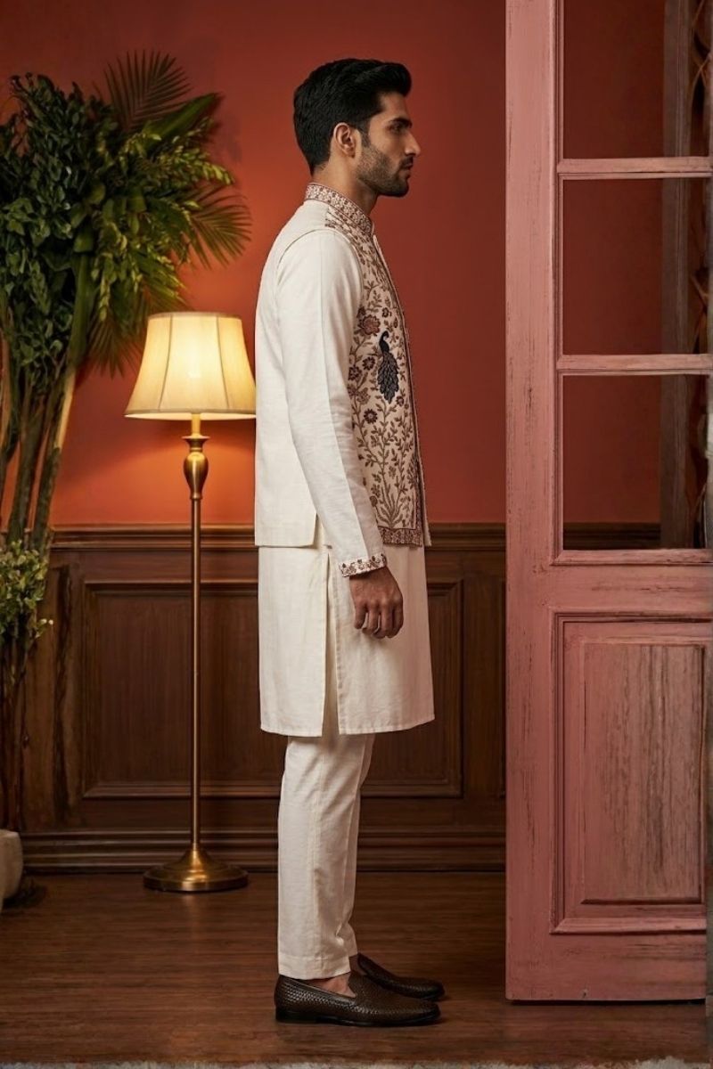 White kurta set with thread embroidered jacket