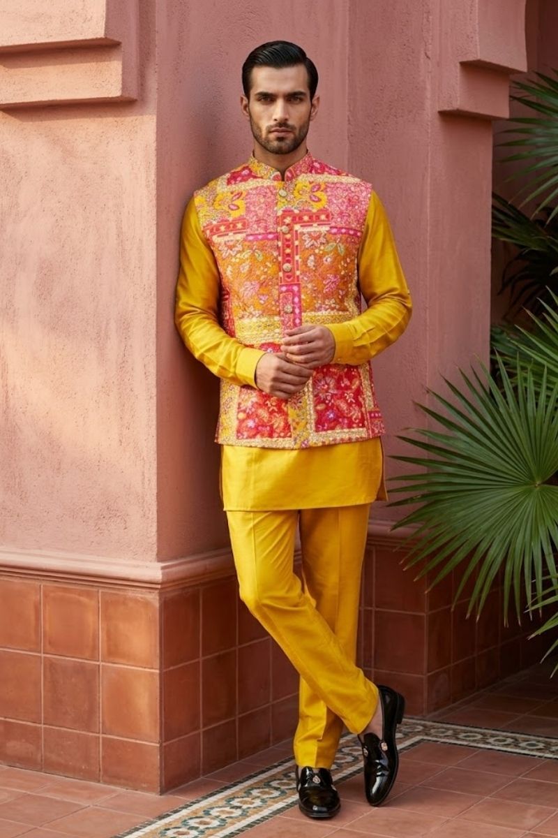 Plain yellow kurta set with mirror work and embroidered jacket