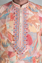 Multi colour printed kurta top with neck embroidered